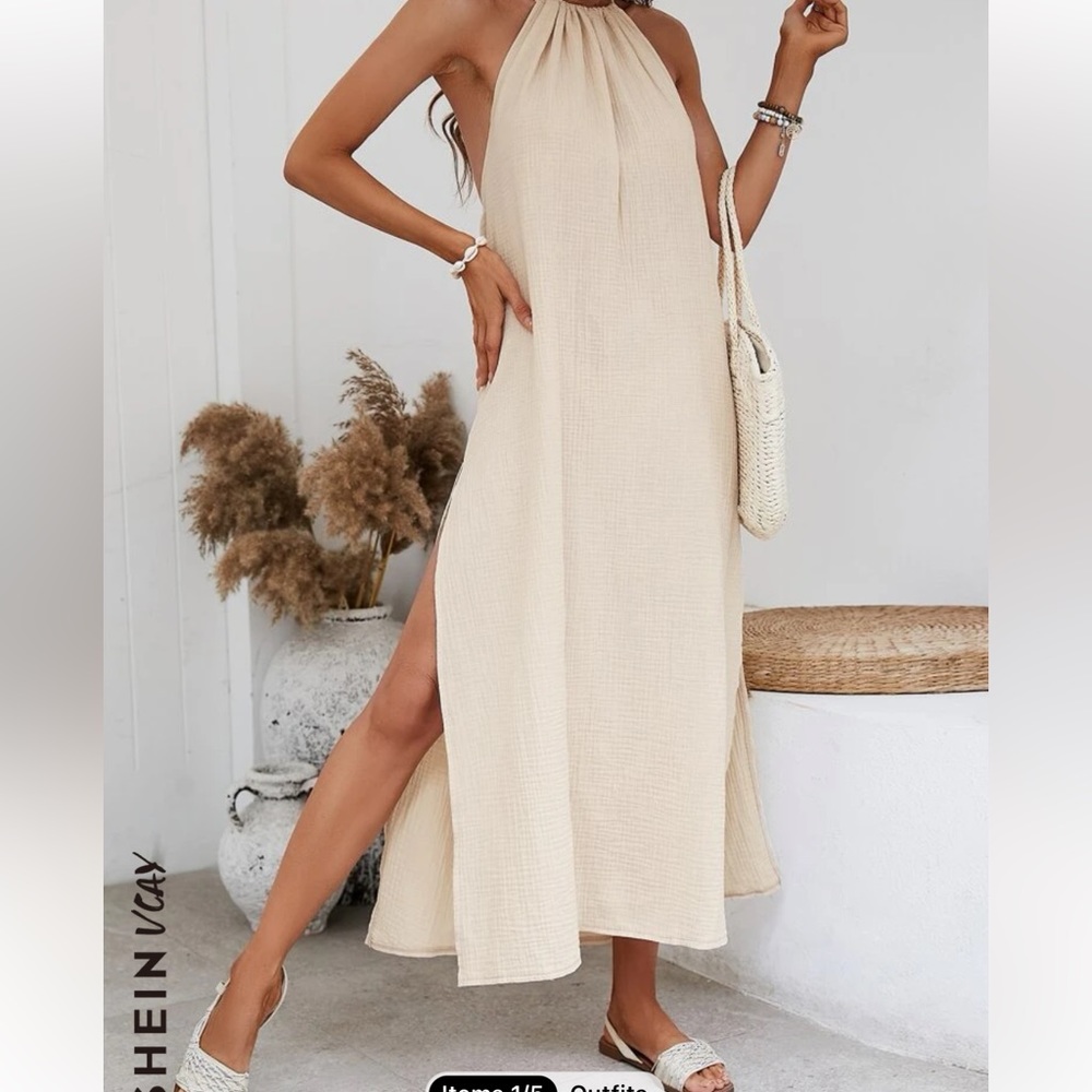 SHEIN VCAY High Slit Hem Halter Neck Dress